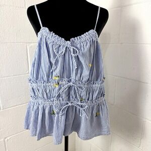 Free Assembly Cami Pinstripe Embroidered Lemons Bows Ruffle Milkmaid Cottage XXL